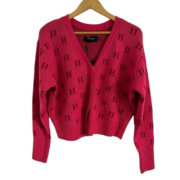 11 HONORE Angie Jacquard Monogram Cardigan Drop-Shoulder Sweater - Picture 4 of 11